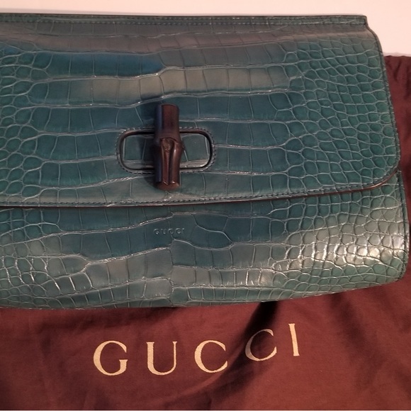 Gucci BOTTLE GREEN CROCCO Crocodile skin Clutch bag with Flap Closure BAMBOO - Picture 1 of 6